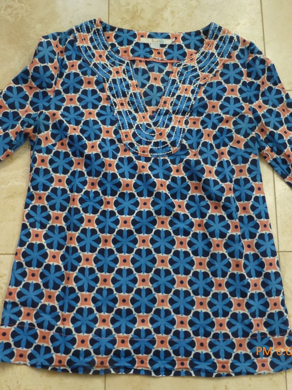 Boden Blue Orange Floral Medallion Geometric Top 3/4 Sleeve size 8R Cotton